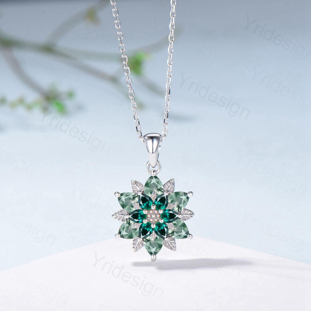 Unique Sunflower Moss Agate Necklace Elegant Natural Inspired Agate Emerald Necklace Double Halo Floral Pendant Leaf Vine Anniversary Gift - PENFINE