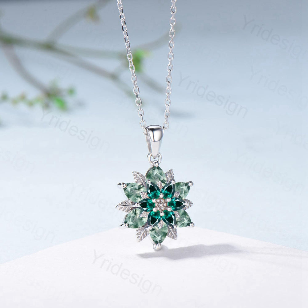 Unique Sunflower Moss Agate Necklace Elegant Natural Inspired Agate Emerald Necklace Double Halo Floral Pendant Leaf Vine Anniversary Gift - PENFINE