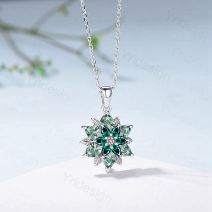 Unique Sunflower Moss Agate Necklace Elegant Natural Inspired Agate Emerald Necklace Double Halo Floral Pendant Leaf Vine Anniversary Gift - PENFINE