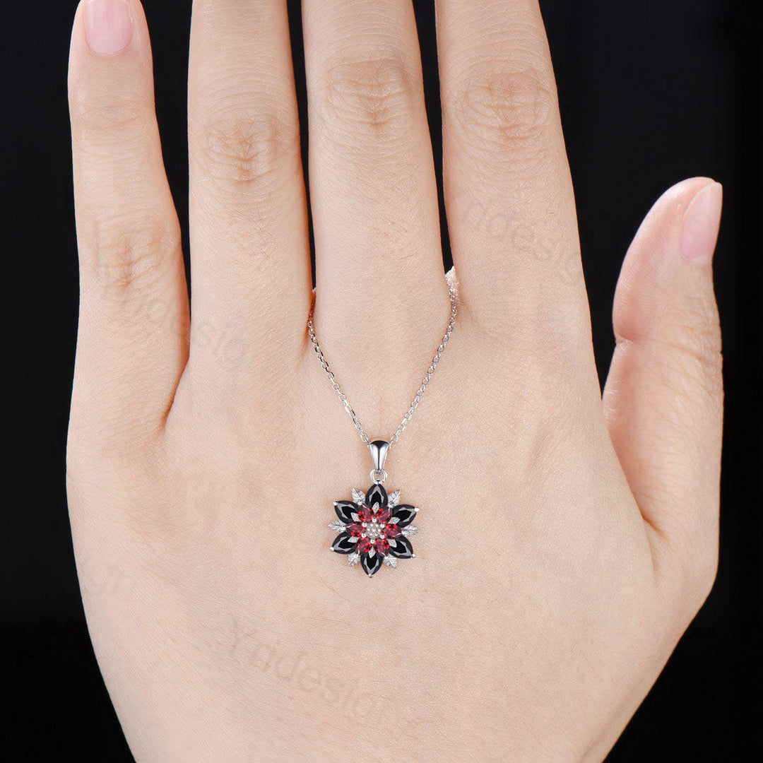 Unique Sunflower Garnet Necklace Elegant Gothic Black Spinel Necklace Women Double Halo Floral Pendant Leaf Vine Anniversary Promise Gift - PENFINE