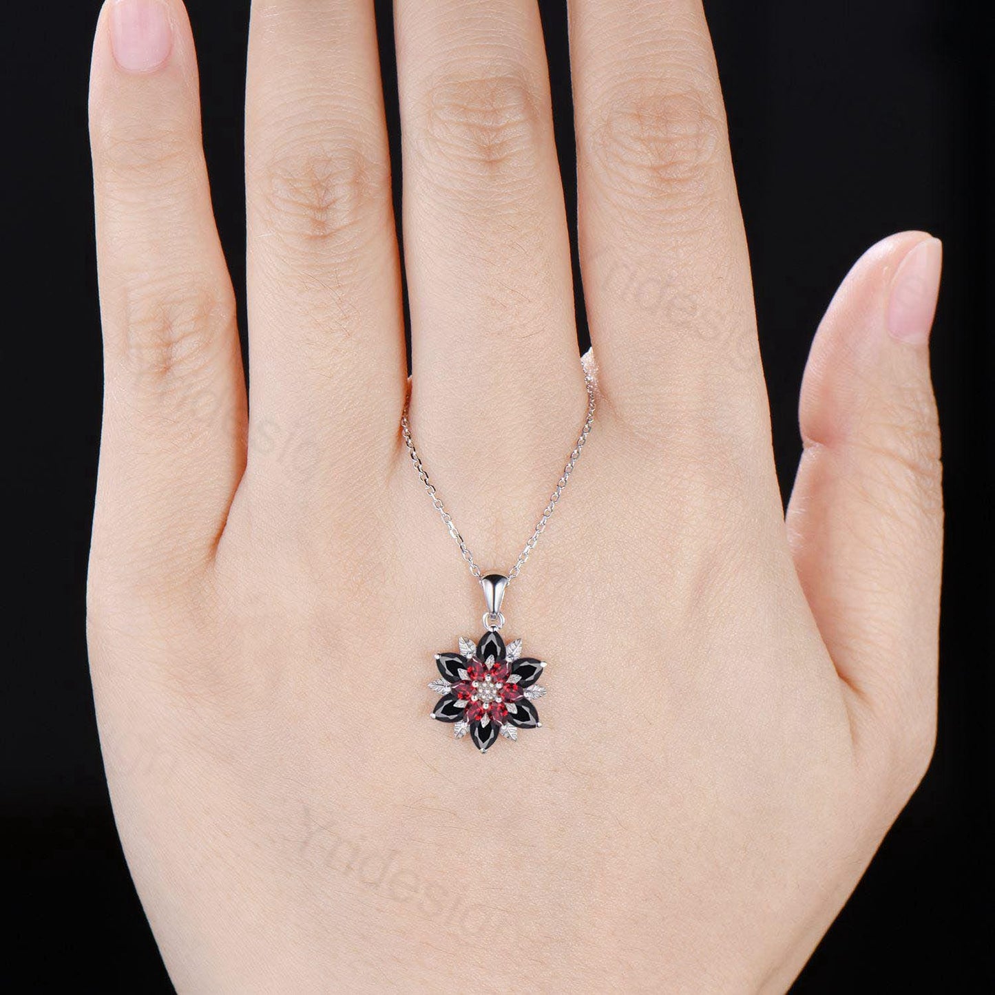 Unique Sunflower Garnet Necklace Elegant Gothic Black Spinel Necklace Women Double Halo Floral Pendant Leaf Vine Anniversary Promise Gift - PENFINE