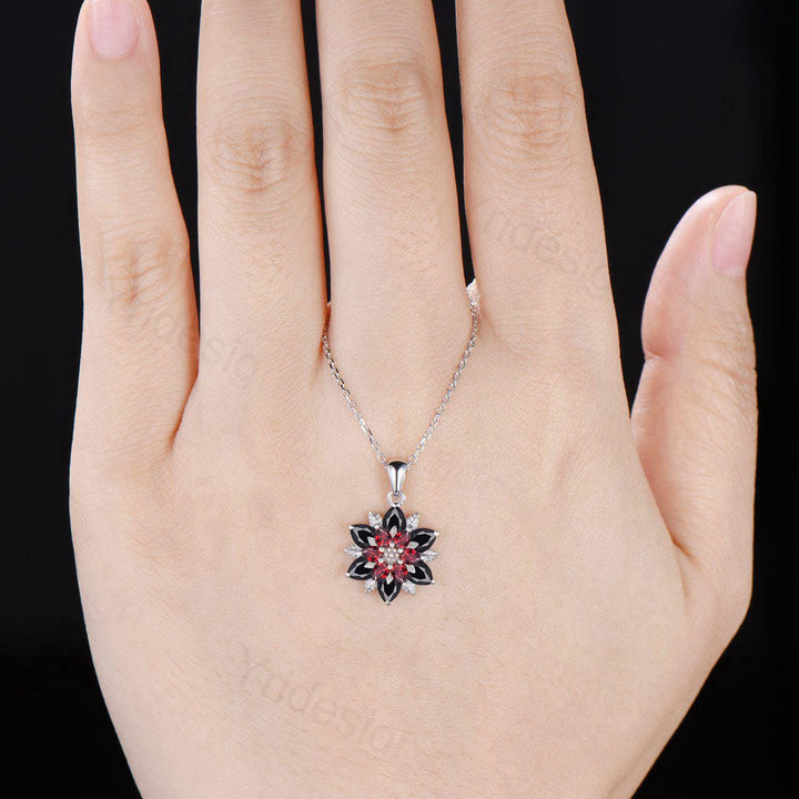 Unique Sunflower Garnet Necklace Elegant Gothic Black Spinel Necklace Women Double Halo Floral Pendant Leaf Vine Anniversary Promise Gift - PENFINE