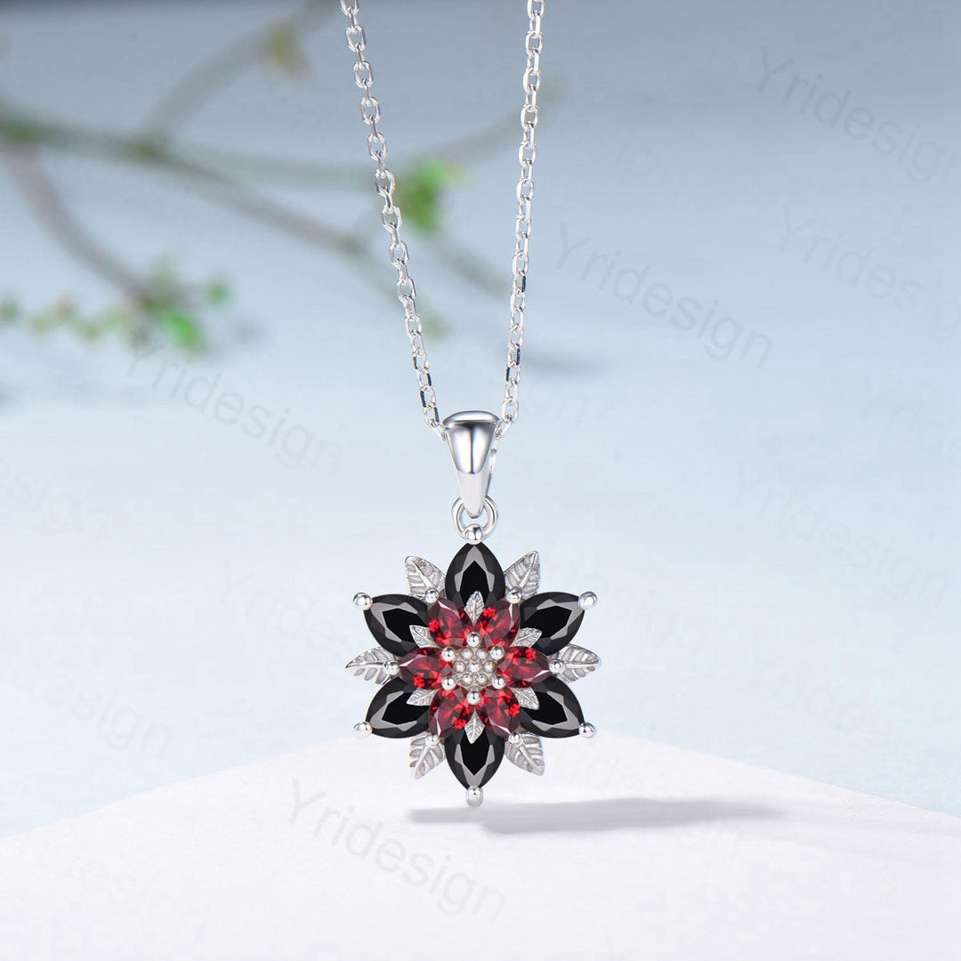 Unique Sunflower Garnet Necklace Elegant Gothic Black Spinel Necklace Women Double Halo Floral Pendant Leaf Vine Anniversary Promise Gift - PENFINE