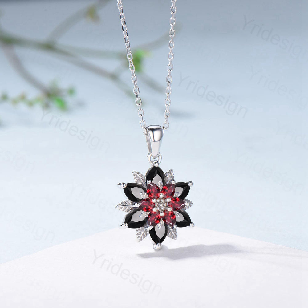 Unique Sunflower Garnet Necklace Elegant Gothic Black Spinel Necklace Women Double Halo Floral Pendant Leaf Vine Anniversary Promise Gift - PENFINE