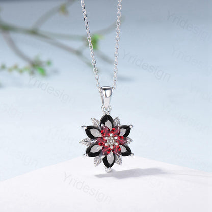 Unique Sunflower Garnet Necklace Elegant Gothic Black Spinel Necklace Women Double Halo Floral Pendant Leaf Vine Anniversary Promise Gift - PENFINE