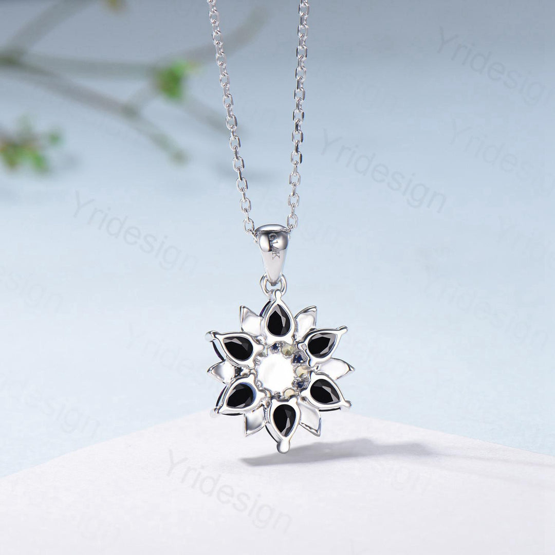 Unique Sunflower Garnet Necklace Elegant Gothic Black Spinel Necklace Women Double Halo Floral Pendant Leaf Vine Anniversary Promise Gift - PENFINE