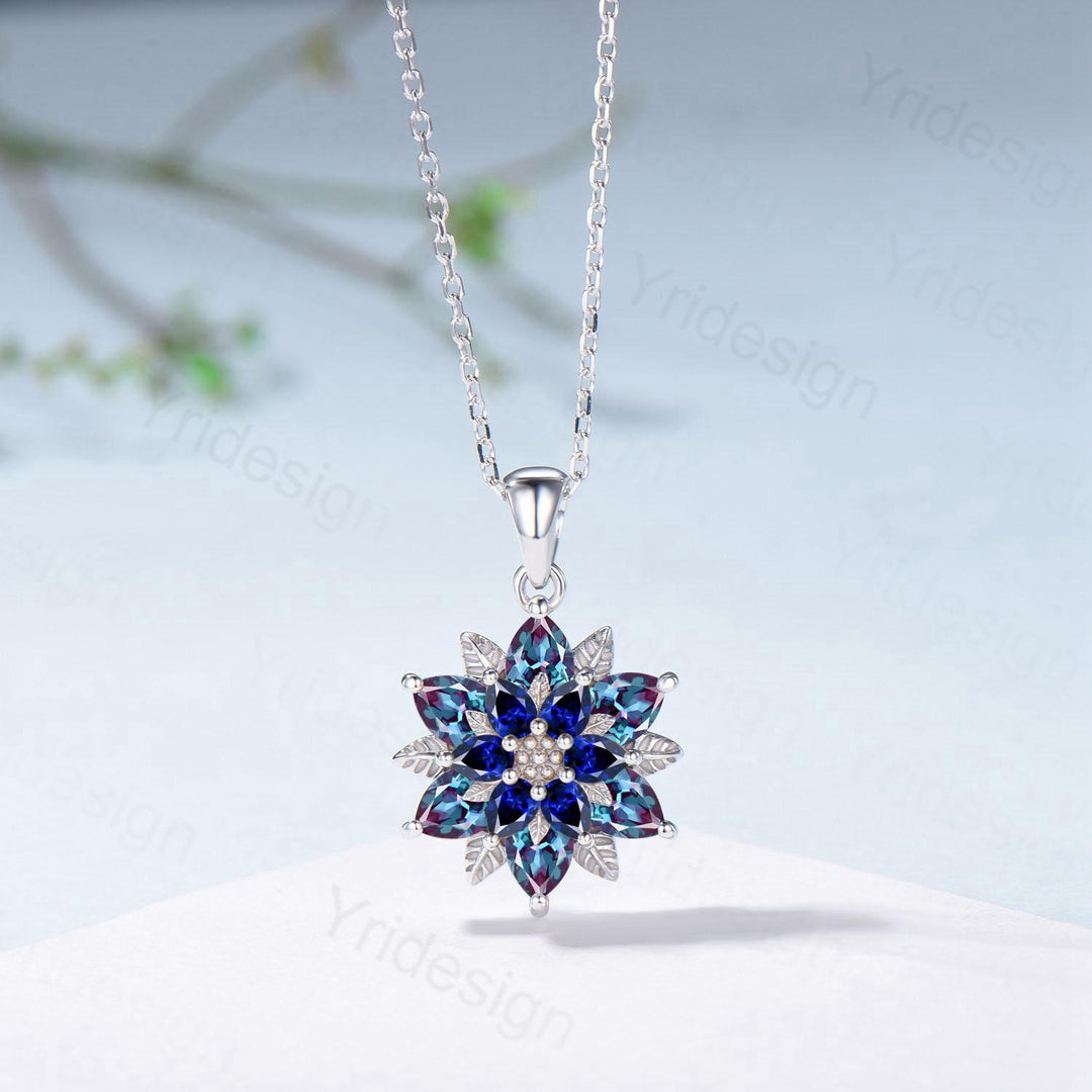 Unique Sunflower Alexandrite Necklace Art Deco Sapphire Pendant Necklace Double Halo Floral Pendant Leaf Vine Anniversary Promise Gift - PENFINE