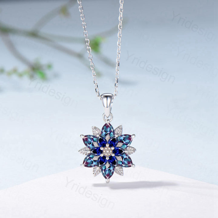 Unique Sunflower Alexandrite Necklace Art Deco Sapphire Pendant Necklace Double Halo Floral Pendant Leaf Vine Anniversary Promise Gift - PENFINE