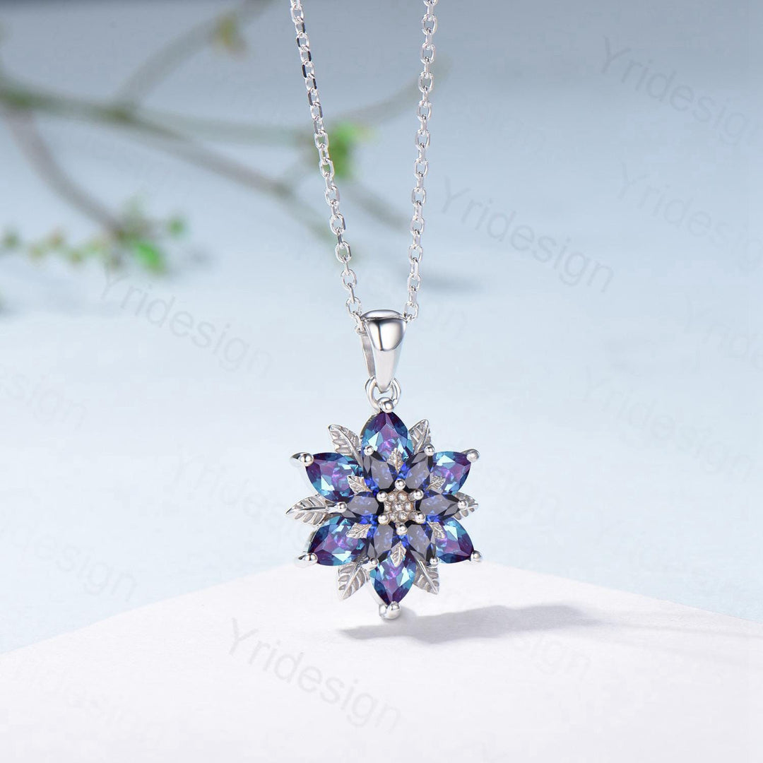 Unique Sunflower Alexandrite Necklace Art Deco Sapphire Pendant Necklace Double Halo Floral Pendant Leaf Vine Anniversary Promise Gift - PENFINE