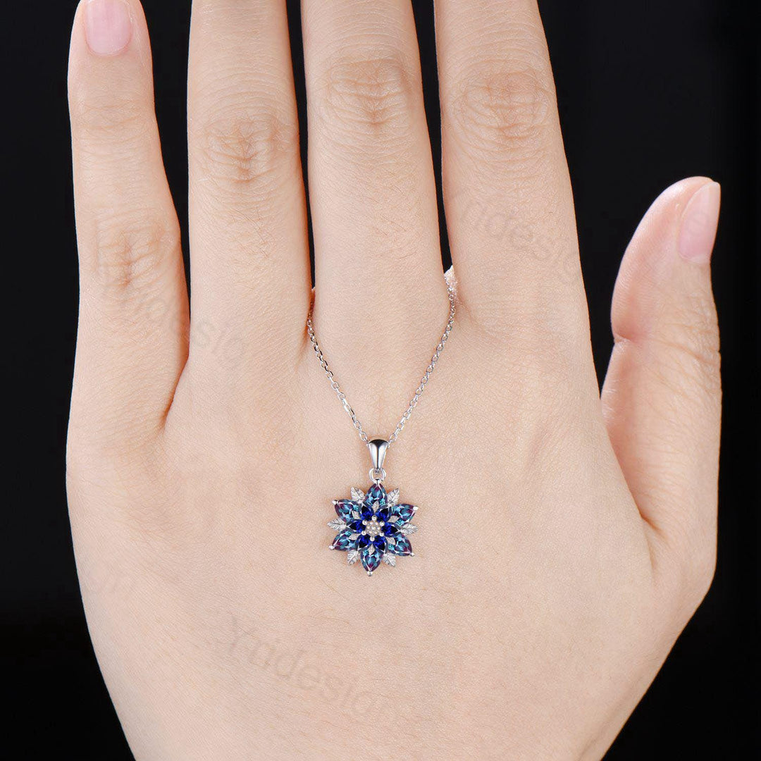 Unique Sunflower Alexandrite Necklace Art Deco Sapphire Pendant Necklace Double Halo Floral Pendant Leaf Vine Anniversary Promise Gift - PENFINE
