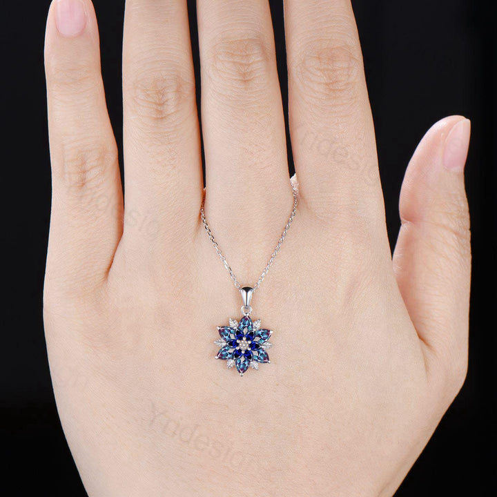 Unique Sunflower Alexandrite Necklace Art Deco Sapphire Pendant Necklace Double Halo Floral Pendant Leaf Vine Anniversary Promise Gift - PENFINE