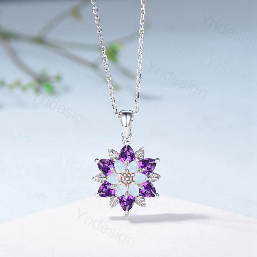 Unique Sunflower White Opal Amethyst Necklace Elegant Natural Inspired Double Halo Floral Pendant Leaf Vine Anniversary Promise Gift - PENFINE