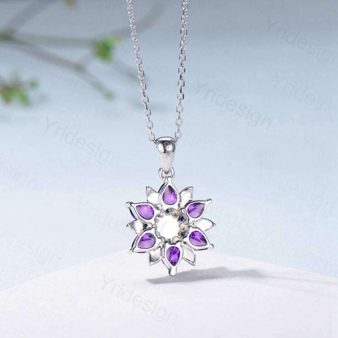 Unique Sunflower White Opal Amethyst Necklace Elegant Natural Inspired Double Halo Floral Pendant Leaf Vine Anniversary Promise Gift - PENFINE
