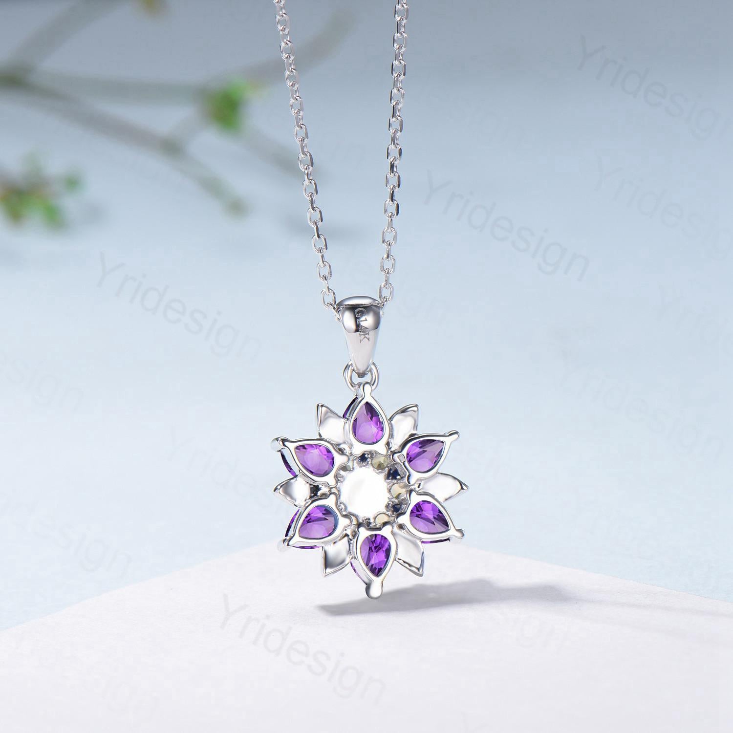 Unique Sunflower White Opal Amethyst Necklace Elegant Natural Inspired Double Halo Floral Pendant Leaf Vine Anniversary Promise Gift - PENFINE