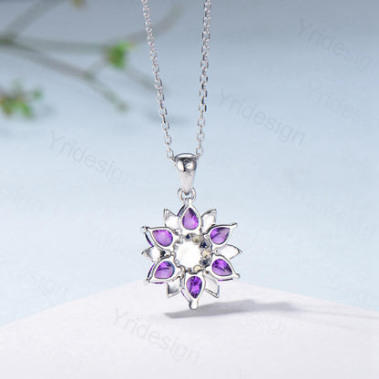 Unique Sunflower White Opal Amethyst Necklace Elegant Natural Inspired Double Halo Floral Pendant Leaf Vine Anniversary Promise Gift - PENFINE