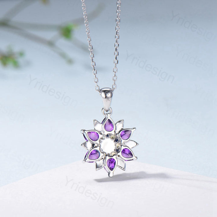 Unique Sunflower White Opal Amethyst Necklace Elegant Natural Inspired Double Halo Floral Pendant Leaf Vine Anniversary Promise Gift - PENFINE
