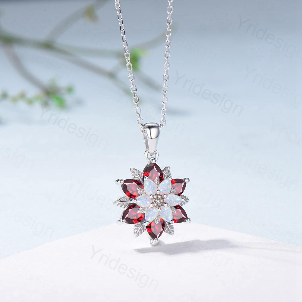 Unique Sunflower Opal Ruby Necklace Elegant Natural Inspired Necklace Double Halo Ruby Opal Floral Pendant Jewelry Anniversary Promise Gift - PENFINE