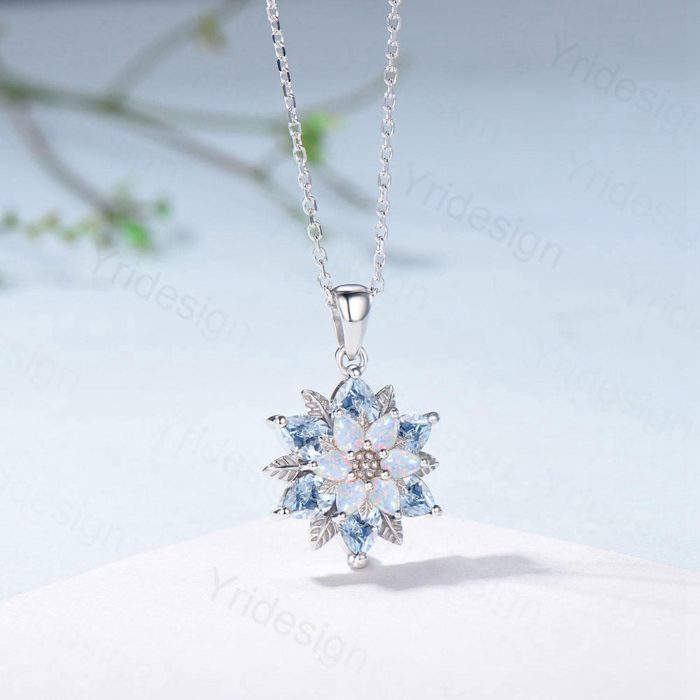 Unique Sunflower Natural Aquamarine Necklace Elegant Vintage Opal Necklace Double Halo Floral Pendant Leaf Vine Anniversary Promise Gift - PENFINE