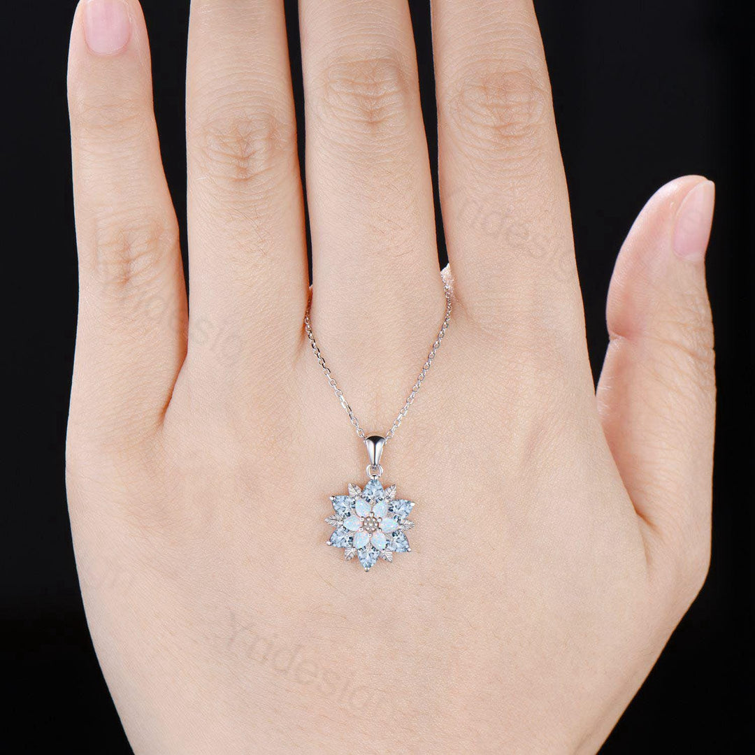 Unique Sunflower Natural Aquamarine Necklace Elegant Vintage Opal Necklace Double Halo Floral Pendant Leaf Vine Anniversary Promise Gift - PENFINE