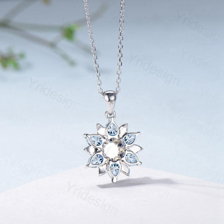 Unique Sunflower Natural Aquamarine Necklace Elegant Vintage Opal Necklace Double Halo Floral Pendant Leaf Vine Anniversary Promise Gift - PENFINE
