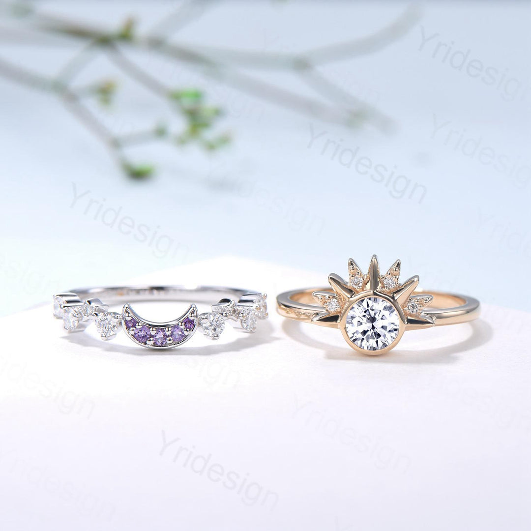 Unique 0.5 Carat Moissanite Ring Crescent Moon Moissanite Engagement Ring Set Sun And Moon Wedding Ring Art Deco Star Bridal Ring Set Women - PENFINE