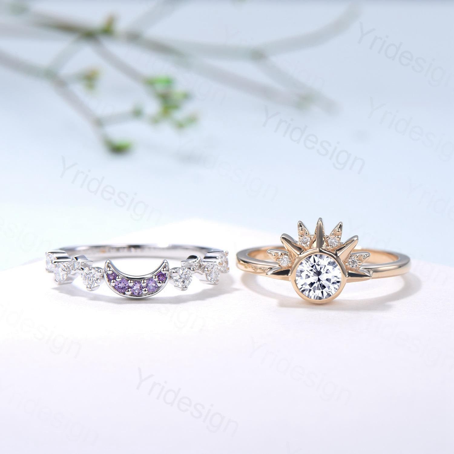 Unique 0.5 Carat Moissanite Ring Crescent Moon Moissanite Engagement Ring Set Sun And Moon Wedding Ring Art Deco Star Bridal Ring Set Women - PENFINE