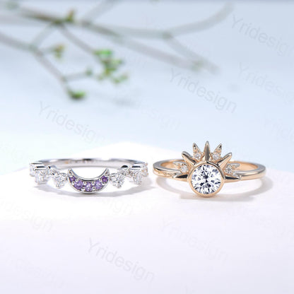 Unique 0.5 Carat Moissanite Ring Crescent Moon Moissanite Engagement Ring Set Sun And Moon Wedding Ring Art Deco Star Bridal Ring Set Women - PENFINE
