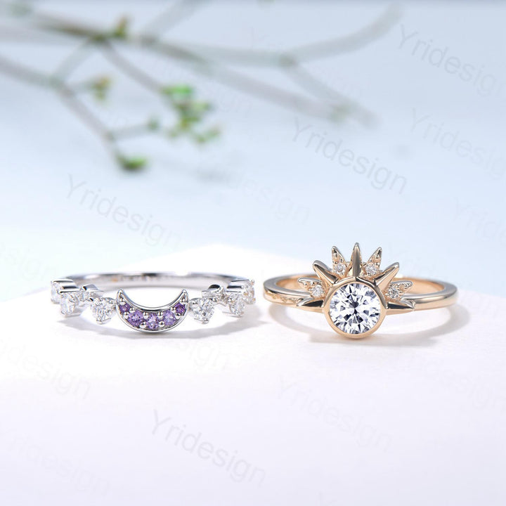 Unique 0.5 Carat Moissanite Ring Crescent Moon Moissanite Engagement Ring Set Sun And Moon Wedding Ring Art Deco Star Bridal Ring Set Women - PENFINE