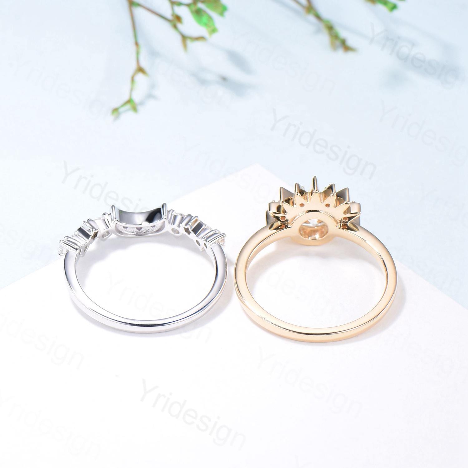 Unique 0.5 Carat Moissanite Ring Crescent Moon Moissanite Engagement Ring Set Sun And Moon Wedding Ring Art Deco Star Bridal Ring Set Women - PENFINE