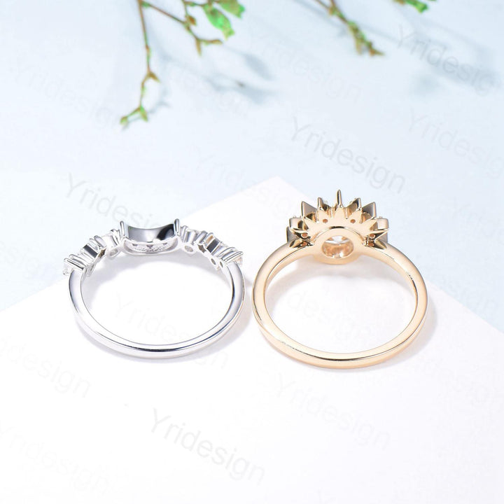 Unique 0.5 Carat Moissanite Ring Crescent Moon Moissanite Engagement Ring Set Sun And Moon Wedding Ring Art Deco Star Bridal Ring Set Women - PENFINE