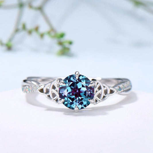 Celtic Knot Round Cut Alexandrite Engagement Ring Unique Norse Viking Fire Opal infinity  Wedding Ring Spilt Shank Anniversary Promise Gifts - PENFINE