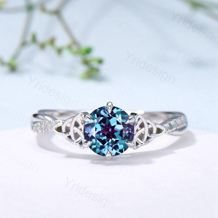 Celtic Knot Round Cut Alexandrite Engagement Ring Unique Norse Viking Fire Opal infinity  Wedding Ring Spilt Shank Anniversary Promise Gifts - PENFINE
