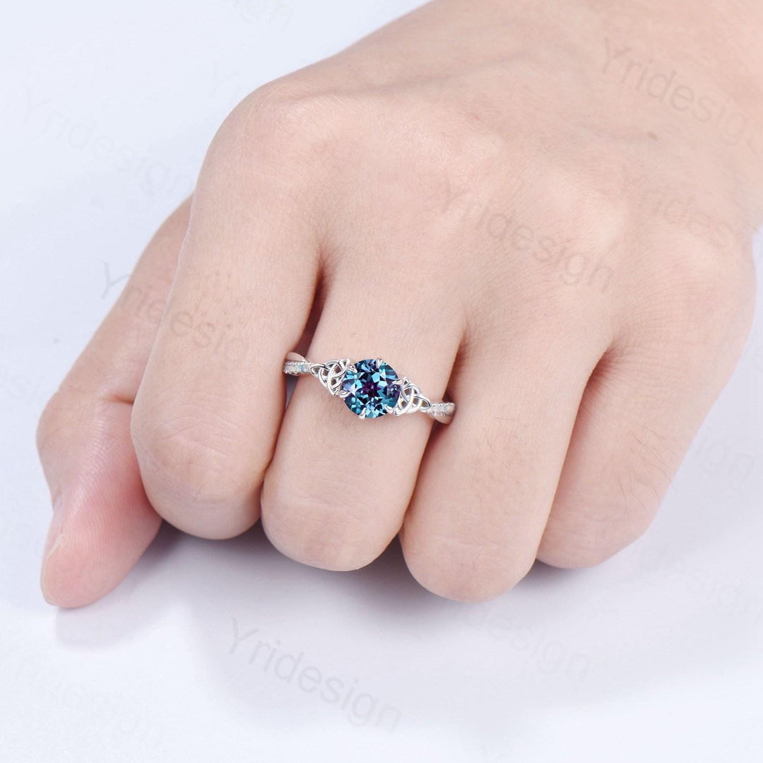 Celtic Knot Round Cut Alexandrite Engagement Ring Unique Norse Viking Fire Opal infinity  Wedding Ring Spilt Shank Anniversary Promise Gifts - PENFINE
