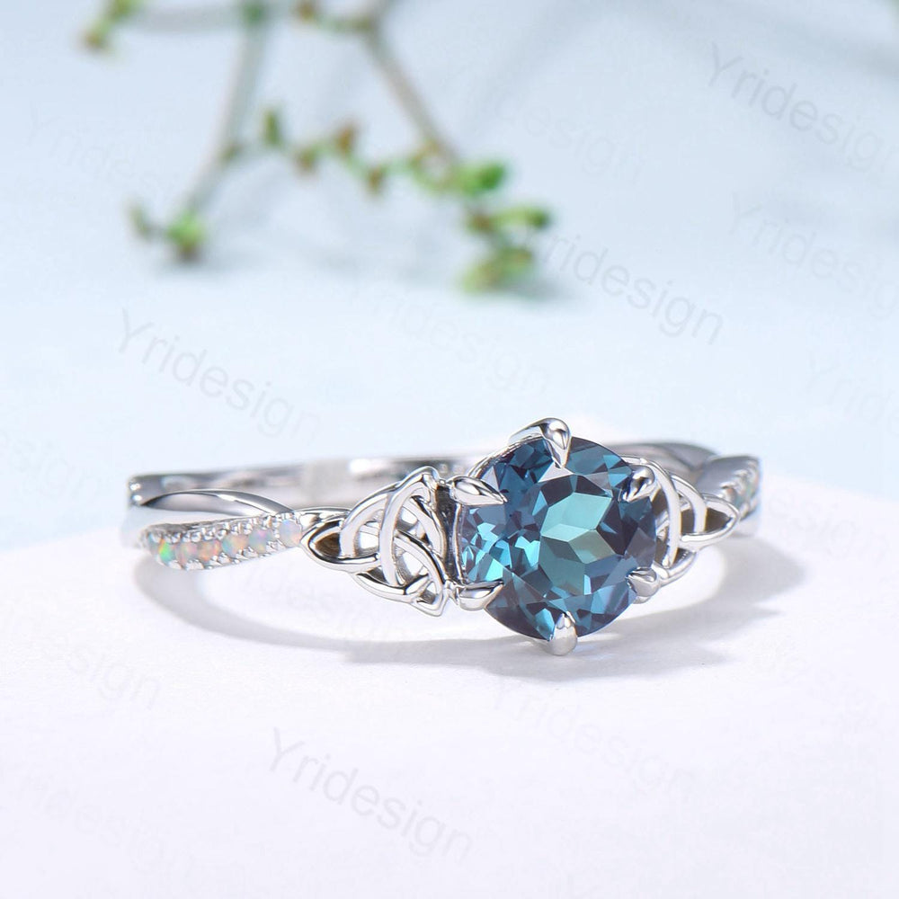 Celtic Knot Round Cut Alexandrite Engagement Ring Unique Norse Viking Fire Opal infinity  Wedding Ring Spilt Shank Anniversary Promise Gifts - PENFINE