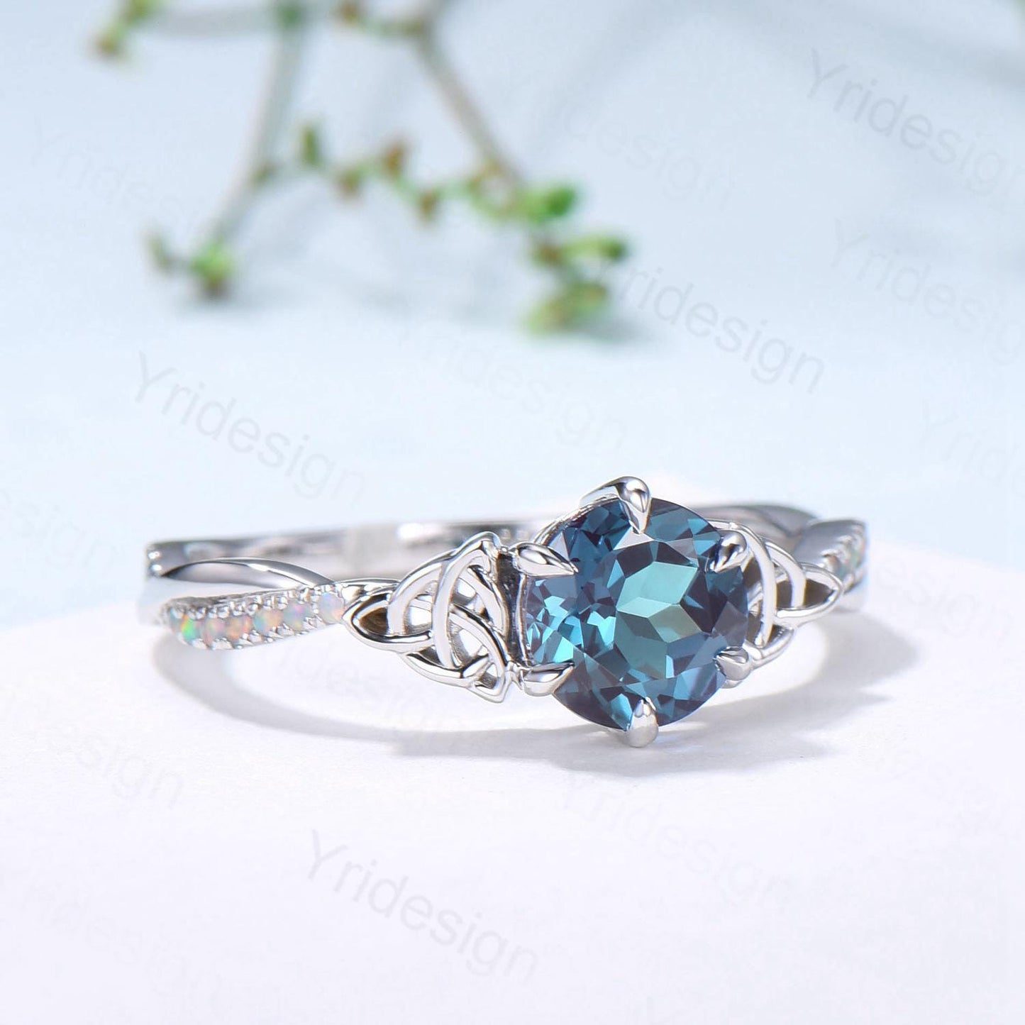 Celtic Knot Round Cut Alexandrite Engagement Ring Unique Norse Viking Fire Opal infinity  Wedding Ring Spilt Shank Anniversary Promise Gifts - PENFINE