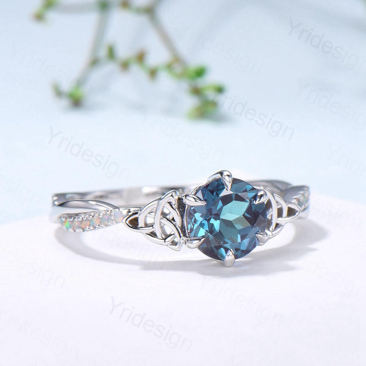 Celtic Knot Round Cut Alexandrite Engagement Ring Unique Norse Viking Fire Opal infinity  Wedding Ring Spilt Shank Anniversary Promise Gifts - PENFINE