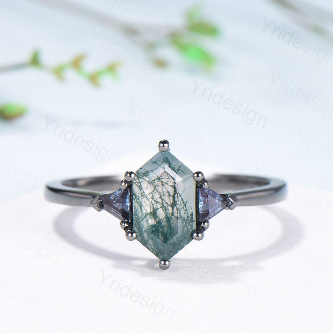 Gothic Black Gold Moss Agate Engagement Ring Long Hexagon Green Agate 3 Stone Trillion Alexandrite Wedding Ring Handmade Anniversary Gift - PENFINE