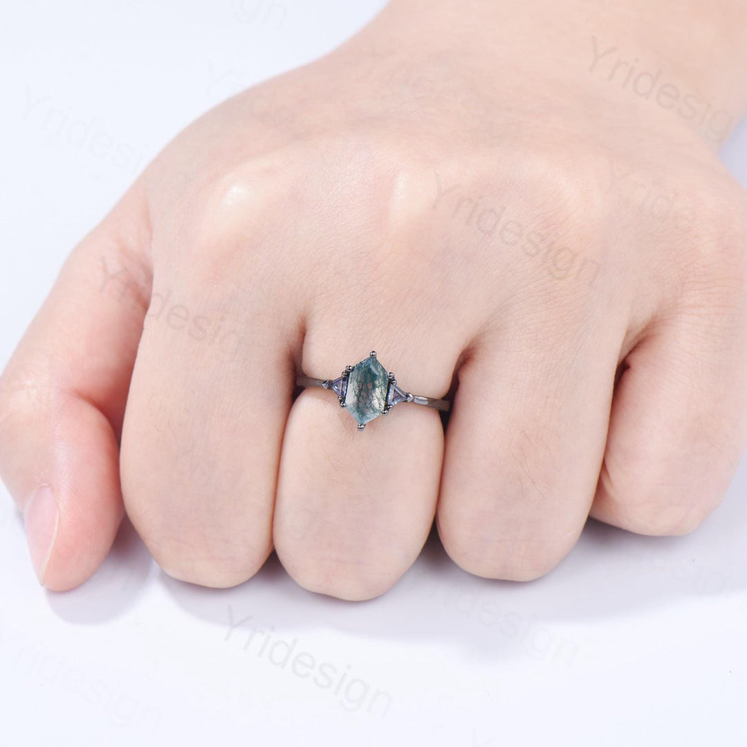 Gothic Black Gold Moss Agate Engagement Ring Long Hexagon Green Agate 3 Stone Trillion Alexandrite Wedding Ring Handmade Anniversary Gift - PENFINE