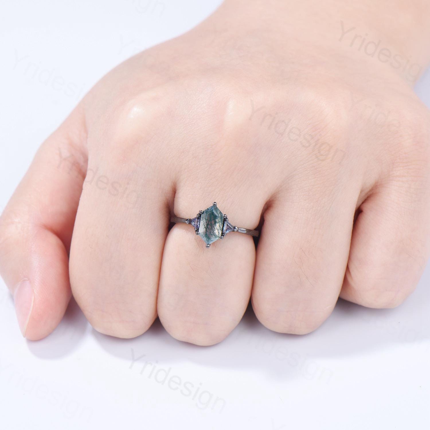 Gothic Black Gold Moss Agate Engagement Ring Long Hexagon Green Agate 3 Stone Trillion Alexandrite Wedding Ring Handmade Anniversary Gift - PENFINE