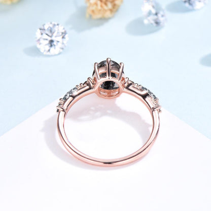 Unique oval cut salt and pepper diamond engagement ring black rutilated quartz spinel handmade promise ring anniversary gift for fiancée - PENFINE