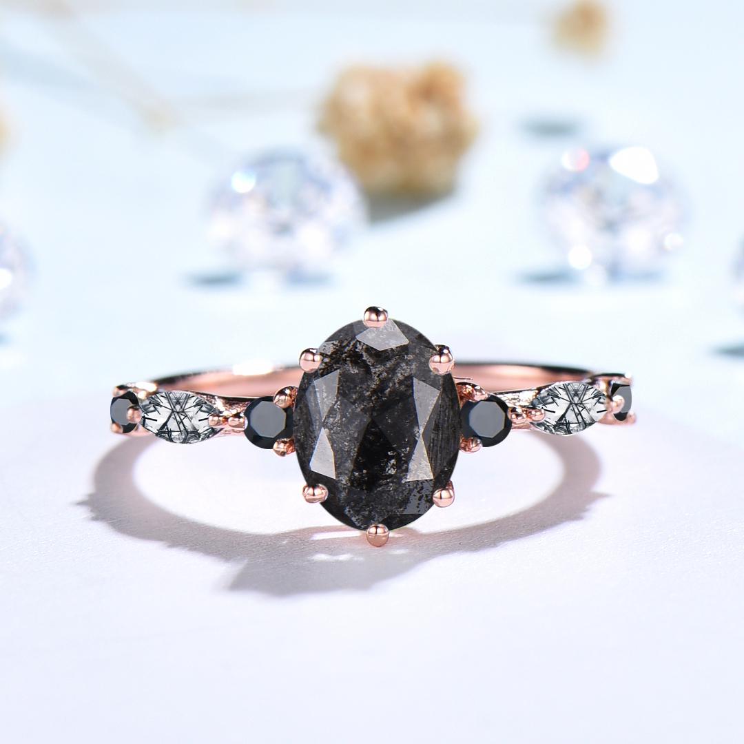 Unique oval cut salt and pepper diamond engagement ring black rutilated quartz spinel handmade promise ring anniversary gift for fiancée - PENFINE