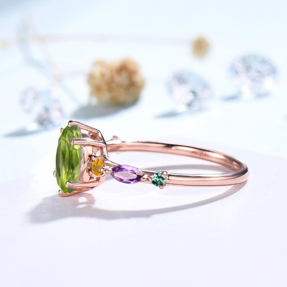 Vintage Oval Cut Peridot Engagement Ring Multi-Stone Cluster Citrine Amethyst Emerald Wedding Ring August Birthstone Anniversary Gift Women - PENFINE
