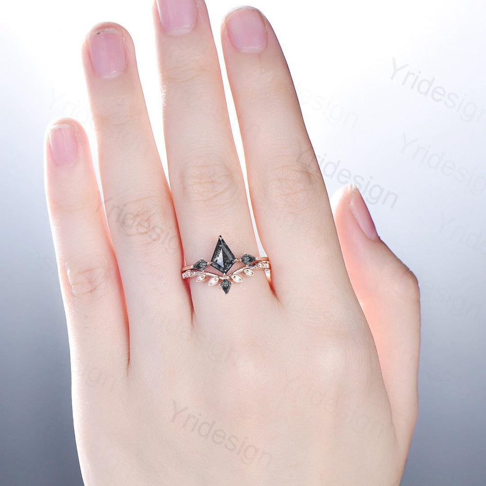 Three Stone kite Cut Salt and Pepper Diamond Engagement Ring Set Minimalist Black Rutilated Quartz Promise Ring 2pcs Bridal Wedding Gifts - PENFINE
