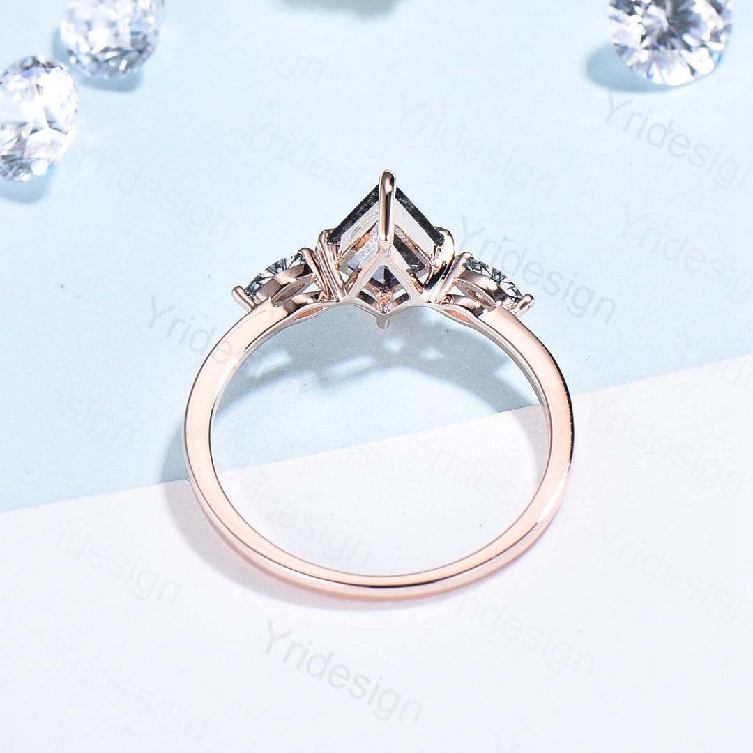Simple Kite Cut Salt And Pepper Diamond Ring Minimalist Pepper Black Diamond Engagement Ring Vintage Rose Gold Rutilated Quartz Promise Ring - PENFINE