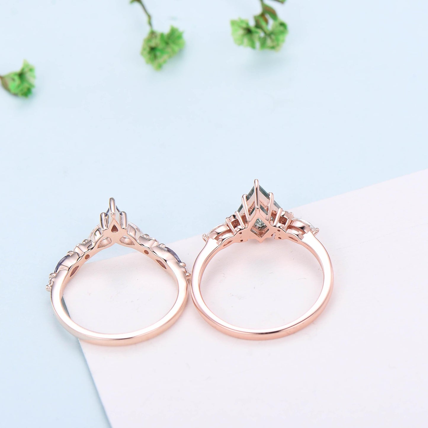 Five Stone kite cut salt and pepper diamond engagement ring set Unique black spinel bridal wedding set handmade anniversary promise gifts - PENFINE