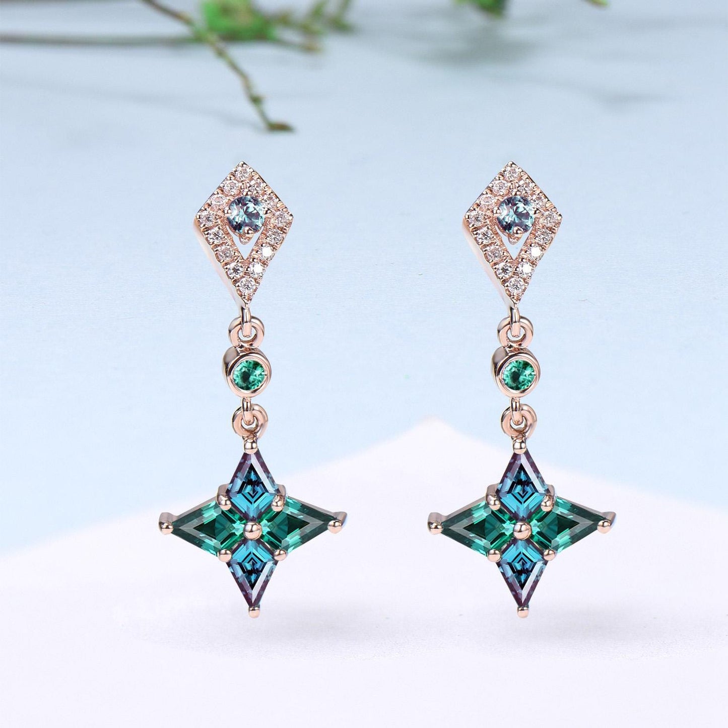 Vintage kite cut alexandrite earrings Unique pinwheel emerald earrings halo diamond drop stud earrings elegant anniversary gift for women - PENFINE