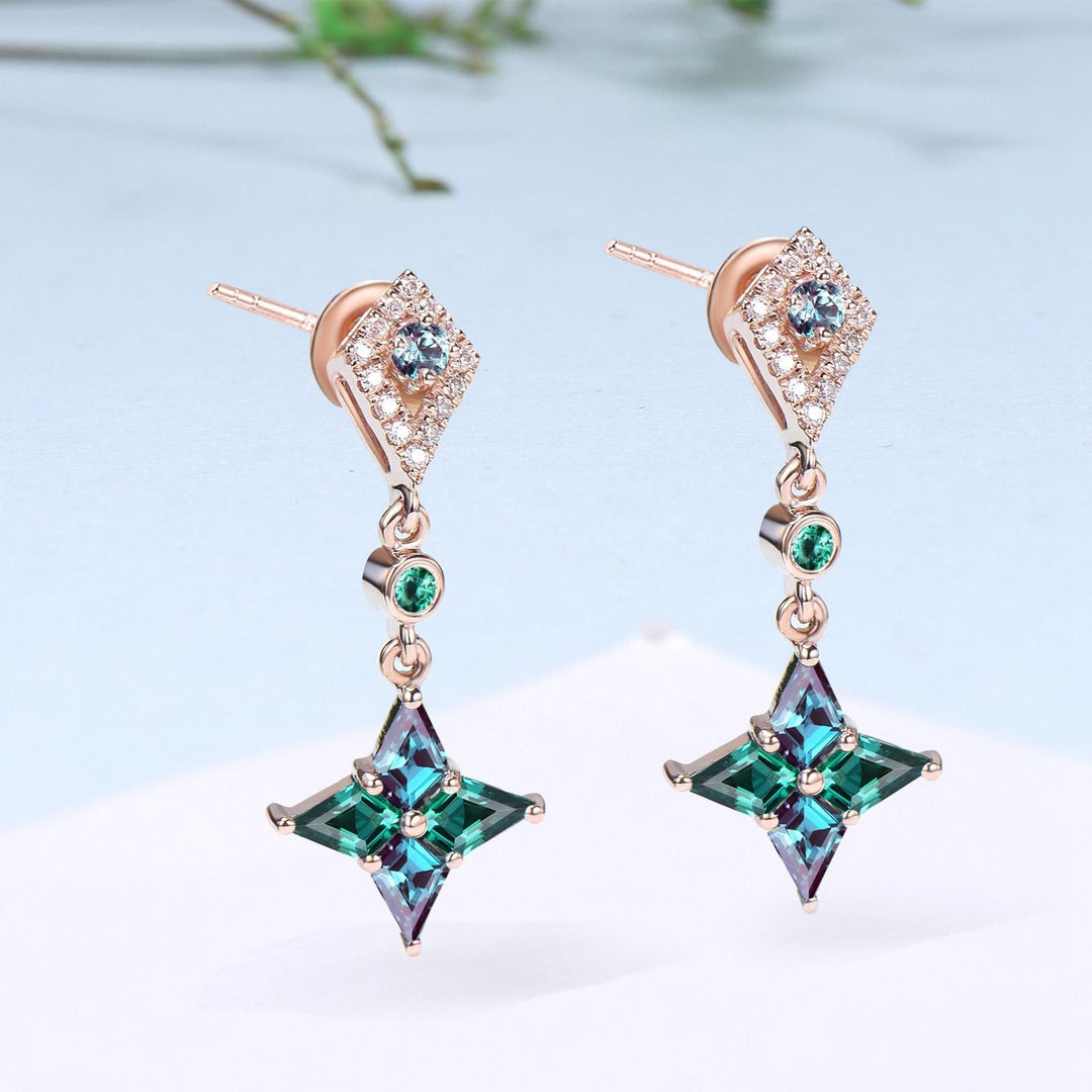 Vintage kite cut alexandrite earrings Unique pinwheel emerald earrings halo diamond drop stud earrings elegant anniversary gift for women - PENFINE