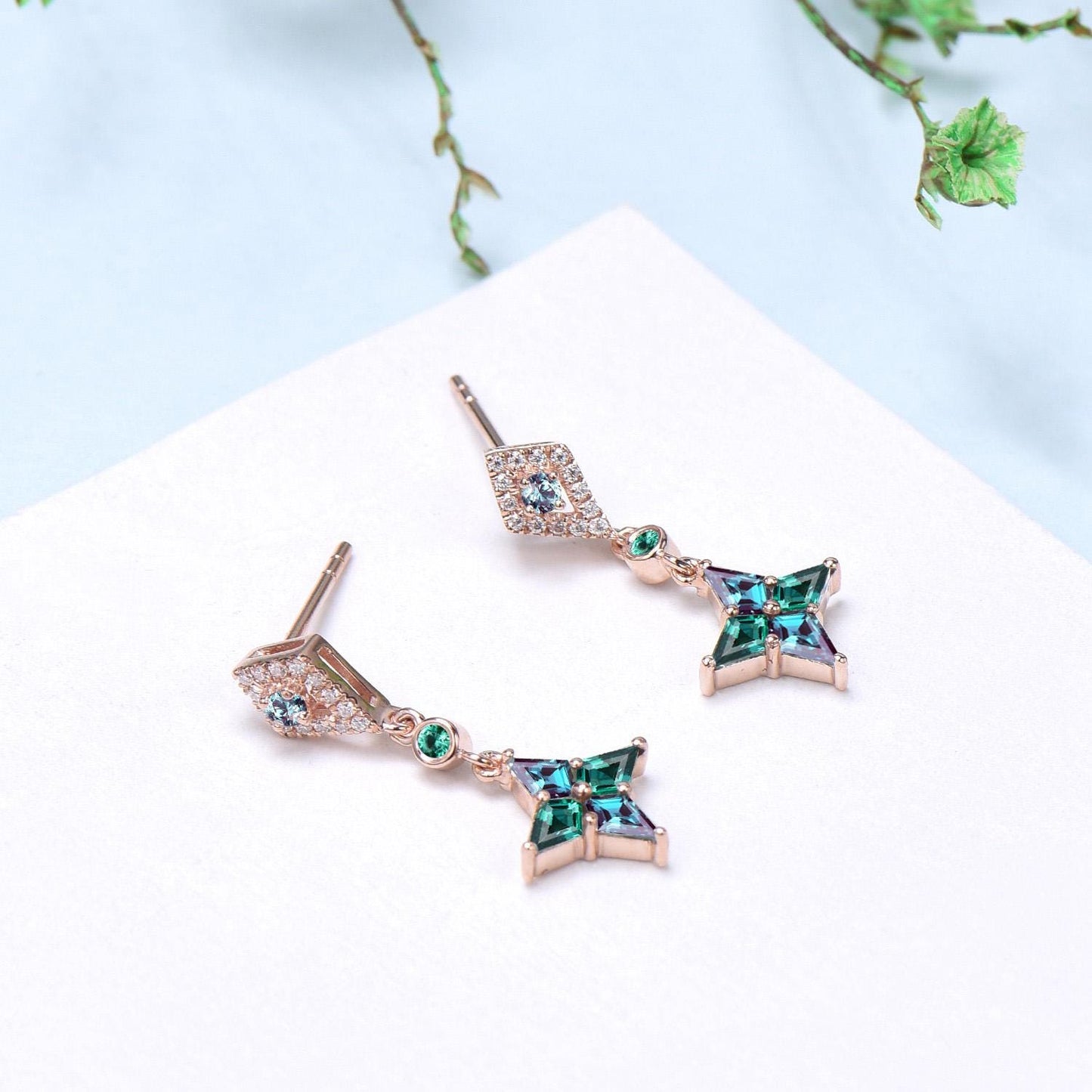 Vintage kite cut alexandrite earrings Unique pinwheel emerald earrings halo diamond drop stud earrings elegant anniversary gift for women - PENFINE