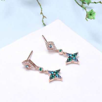 Vintage kite cut alexandrite earrings Unique pinwheel emerald earrings halo diamond drop stud earrings elegant anniversary gift for women - PENFINE