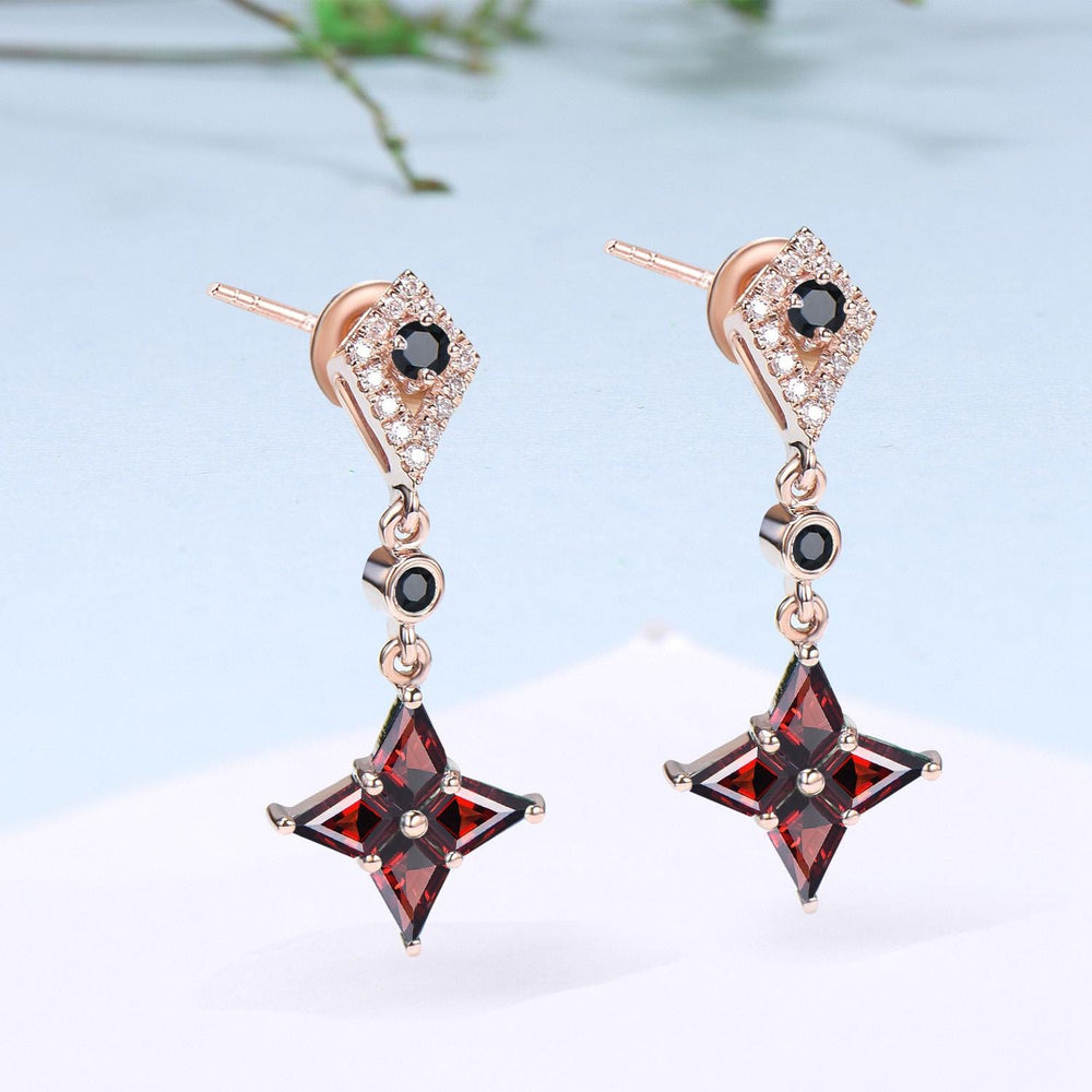 Vintage kite cut garnet earrings Unique pinwheel black spinel earrings halo diamond drop stud earrings dainty anniversary gift for daughter - PENFINE